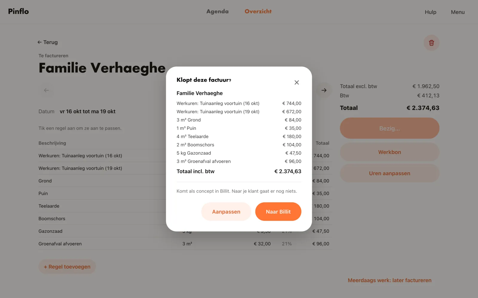 De popup Klopt deze factuur, met de regels en het totaal, voor de factuur als concept naar de boekhouding gaat