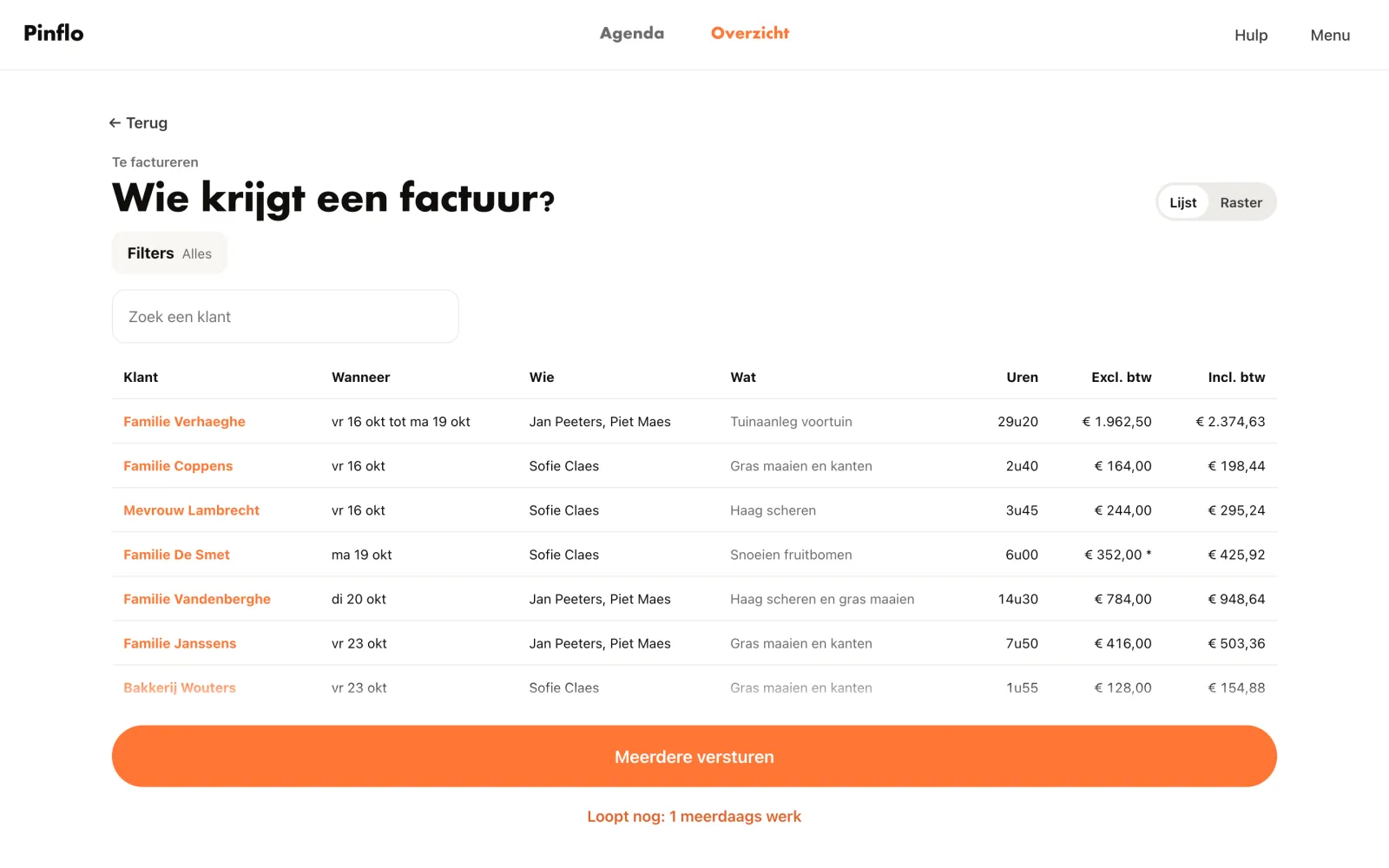 Te factureren, een tabel per klant met wanneer, wie, wat er gedaan is en de uren